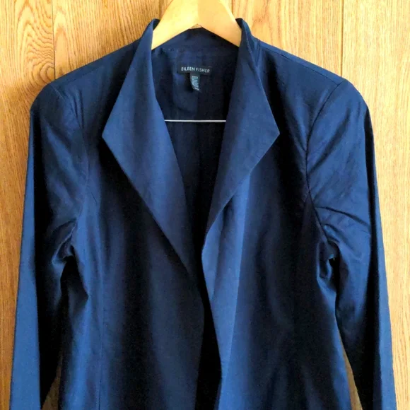Eileen Fisher Linen Blend Open Front High Collar Coat in Midnight Blue Size M - Picture 2 of 9